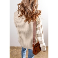 Khaki Cable Knit Colorblock Crew Neck Drop Shoulder Sweater - L thumbnail