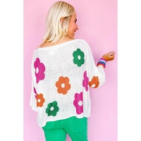 White Floral Print Buttoned Loose Lightweight Sweater - L thumbnail