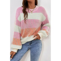Pink Colorblock Textured Knit Bubble Sleeve Sweater - L thumbnail