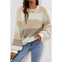 Brown Colorblock Textured Knit Bubble Sleeve Sweater - L thumbnail