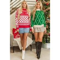 Dark Green Diamond Pattern Pom Accents Contrast Trim High Neck Sweater - L thumbnail