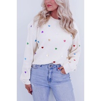 Beige Sequin Heart Shape Waffle Knit Round Neck Sweater - L thumbnail