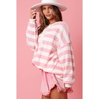 Pink Stripe Half Buttons Drop Shoulder Sweater - L thumbnail