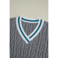 Medium Grey Color Contrast Ribbed Edge Cable Knit V Neck Sweater - 2XL thumbnail