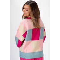 Rose Red Color Block Drop Shoulder Crewneck Loose Fit Sweater - L thumbnail