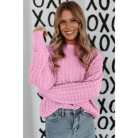 Pink Crochet Knit Drop Shoulder Sweater - M thumbnail