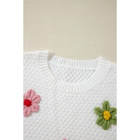 White Colorful Flower Applique Textured Knit Sweater - M thumbnail