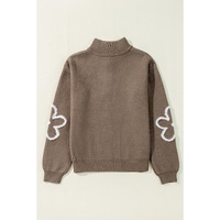 Parchment Contrast Flower Half Zipper Stand Neck Sweater - L thumbnail