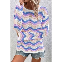 Purple Stripe Wavy Pointelle Knit Drop Shoulder Sweater - XL thumbnail
