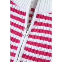 Pink Stripe Zip up Collar Drop Shoulder Sweater - L thumbnail