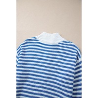 Sky Blue Stripe Zip up Collar Drop Shoulder Sweater - M thumbnail
