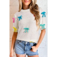 White Colorful Bow Knit Mock Neck Short Sleeve Sweater - M thumbnail