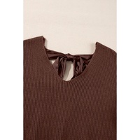 Coffee Lantern Sleeve V Neck Knot Back Sweater - L thumbnail