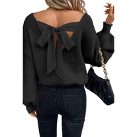 Black Lantern Sleeve V Neck Knot Back Sweater - L thumbnail