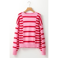 Pink Stripe Bubble Sleeve Drop Shoulder Ribbed Trim Sweater - L thumbnail
