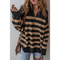 Black Stripe Collared Quarter Zipper Oversized Sweater - XL thumbnail