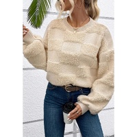 Parchment Checkered Sherpa Crew Neck Loose Sweater - L thumbnail