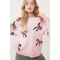 Light Pink Bow Pattern Knitted Loose Fit Sweater - L thumbnail