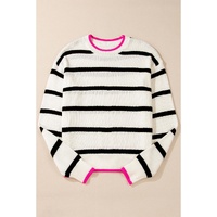 White Stripe Color Contrast Drop Shoulder Crew Neck Sweater - S thumbnail