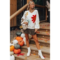 White Big Flower Pattern V Neck Drop Shoulder Sweater - S thumbnail
