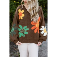 Coffee Big Flower Pattern V Neck Drop Shoulder Sweater - L thumbnail