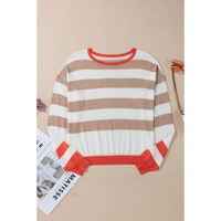 Apricot Colorblock Striped Round Neck Drop Shoulder Sweater - L thumbnail