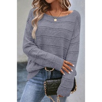 Light Grey Boat Neck Drop Shoulder Pointelle Knit Sweater - L thumbnail