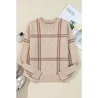 Khaki Plaid Pattern Knitted Drop Shoulder Sweater - L thumbnail