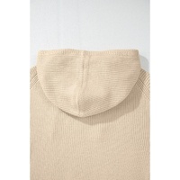 Beige Solid Color Drawstring Hooded Drop Shoulder Pullover Sweater - S thumbnail