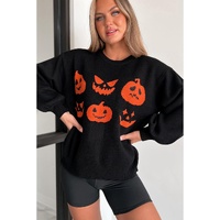 Black Halloween Pumpkin Face Pattern Drop Shoulder Sweater - L thumbnail