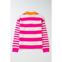 Rose Stripe Color Block Collared V Neck Drop Shoulder Sweater - S thumbnail