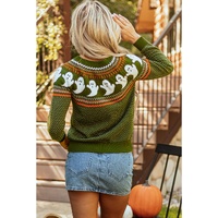 Jungle Green Halloween Ghost Pattern Drop Shoulder Sweater - S thumbnail