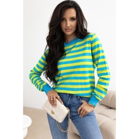 Green Stripe Crew Neck Drop Shoulder Casual Sweater - L thumbnail