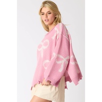 Pink Pearl Beaded Bowknot Pattern Distressed Split Hem Sweater - L thumbnail