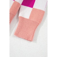 Pink Checkered Ribbed Edge O Neck Drop Shoulder Sweater - XL thumbnail