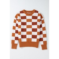 Orange Checkered Ribbed Edge O Neck Drop Shoulder Sweater - L thumbnail