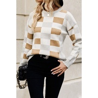 Khaki Checkered Ribbed Edge O Neck Drop Shoulder Sweater - L thumbnail
