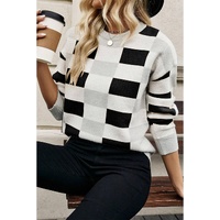Black Checkered Ribbed Edge O Neck Drop Shoulder Sweater - M thumbnail