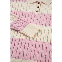 Pink Stripe Cable Knit Collared Henley Sweater - L thumbnail