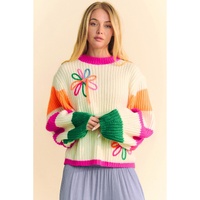 Beige Colorblock Flower Print Cable Knit Loose Sweater - L thumbnail