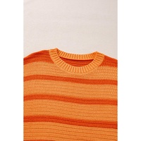 Orange Stripe Colorblock Crew Neck Drop Shoulder Loose Sweater - L thumbnail