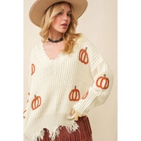 Beige Cable Knit Pumpkin Raw Hem V Neck Loose Sweater - L thumbnail