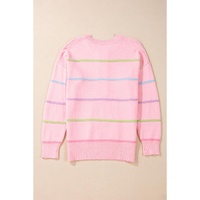 Pink Rainbow Stripes Drop Shoulder Baggy Henley Sweater - S thumbnail