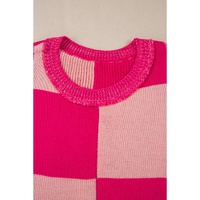 Rose Red Mixed Checkered Pattern Drop Shoulder Loose Sweater - L thumbnail