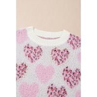 Pink Heart Leopard Print Pearled Ribbed Trim Fuzzy Sweater - L thumbnail