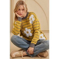 Yellow Stripe Daisy Floral Knitted Round Neck Sweater - L thumbnail
