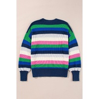 Bright Green Rainbow Striped Crew Neck Drop Shoulder Sweater - L thumbnail