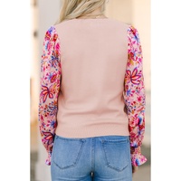 Oatmeal Floral Printed Patchwork Smocked Lantern Sleeve Knit Top - L thumbnail
