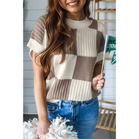 Khaki Checkered Color Block Crew Neck Short Sleeve Sweater - L thumbnail