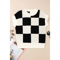 Black Checkered Color Block Crew Neck Short Sleeve Sweater - L thumbnail
